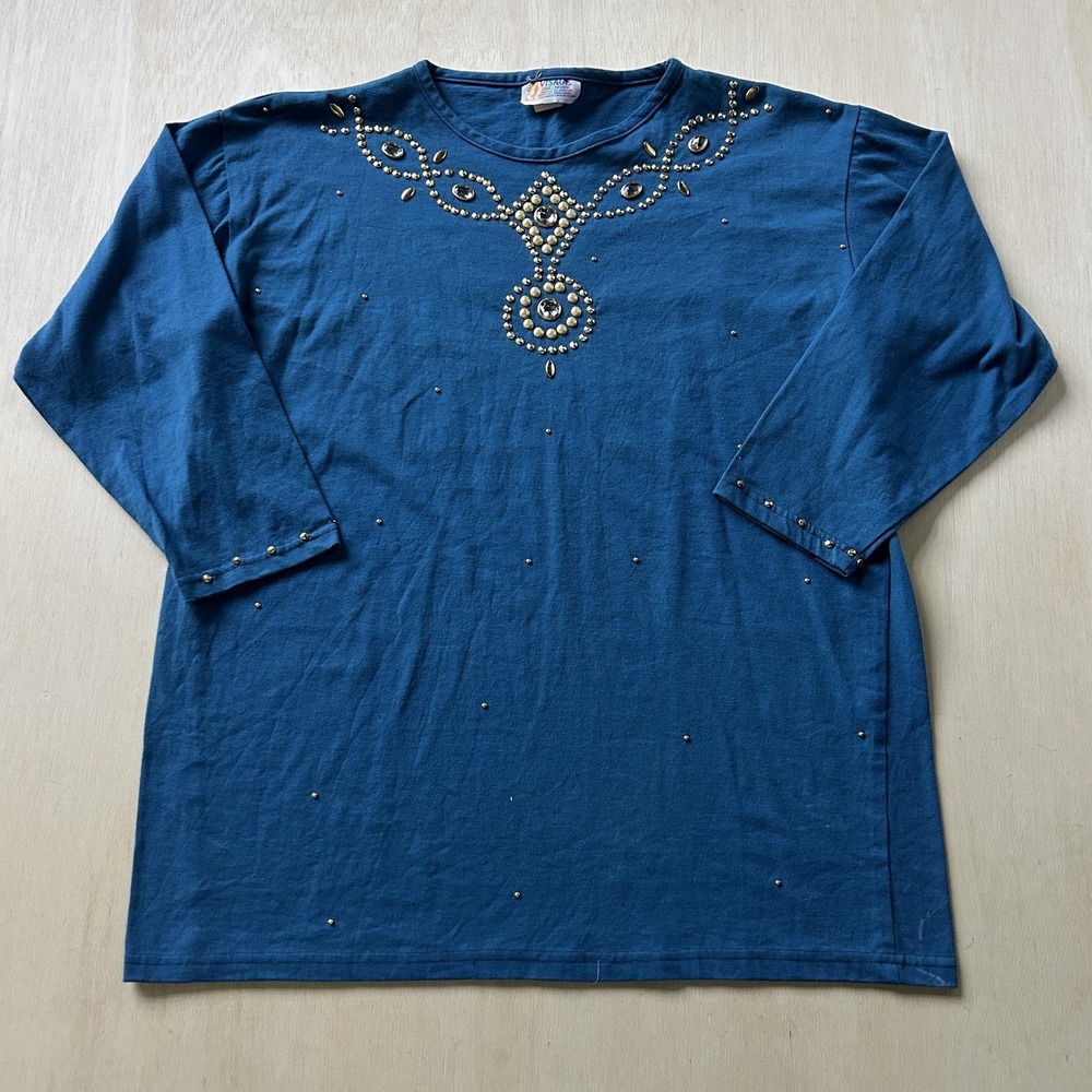 Visage Shirt Womens 2X Blue Studded Embellished Crew Neck Long Sleeve Tunic Top